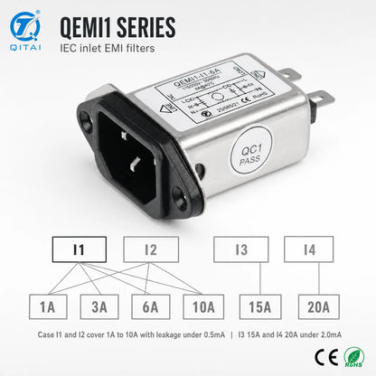 QEMI1 Series Single Phase IEC Socket EMI Power Filter 1A-20A 115/250VAC 50/60Hz Faston Output for Switching Power Supply