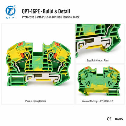 QPT-16PE Ground Terminal Block 16mm2 Protective Earth 1000V 76A Push-in for High Current Power Distribution Panel