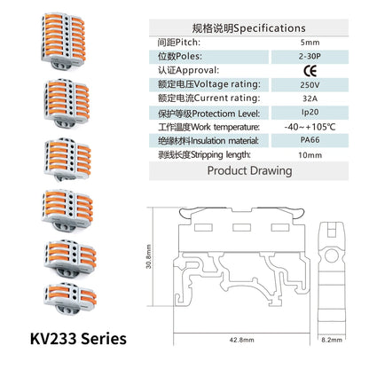 KV233-500T Wire Connectors  2P-30P 250V 32A Terminals Mini Electronic Push in Quick-insert Push-type Terminal Blocks