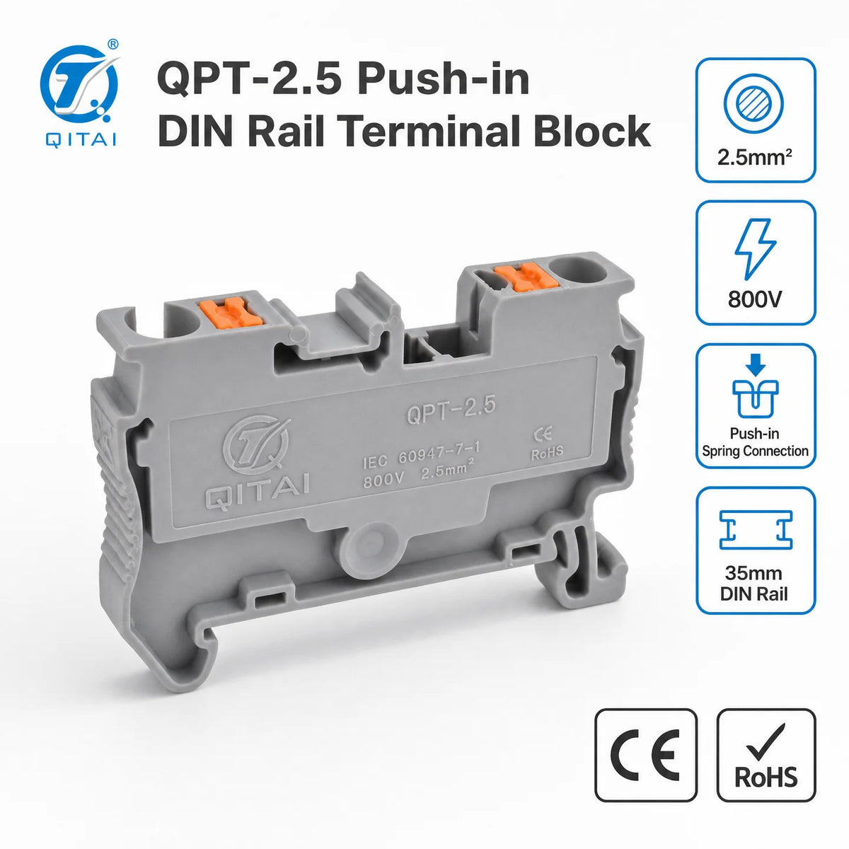 QPT-2.5 2.5mm2 DIN Rail Terminal Block 800V 24A Push-in Spring Connection Feed Through Wire Connector AWG 26-12