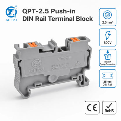 QPT-2.5 2.5mm2 DIN Rail Terminal Block 800V 24A Push-in Spring Connection Feed Through Wire Connector AWG 26-12