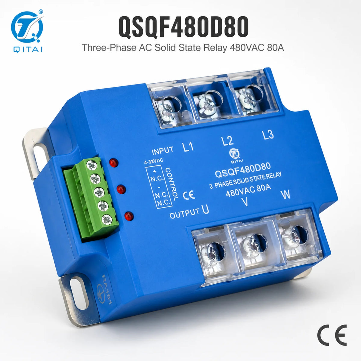 QSQF480D80 Three Phase Solid State Relay 80A 48-530VAC SCR Zero Cross L1 L2 L3 U V W Terminals for Large Industrial Oven
