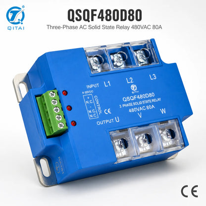 QSQF480D80 Three Phase Solid State Relay 80A 48-530VAC SCR Zero Cross L1 L2 L3 U V W Terminals for Large Industrial Oven