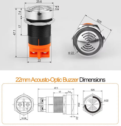 QDN22FM-QR Indicator Light Flash Acousto Optic Metal Buzzer DC5V DC12V DC24V AC220V 22mm Intermittent Sound Acousto-optic Buzzer