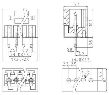 QS-250V  PCB Terminal Blocks 2.50mm Pitch 2-24P 300V 10A Green High Strength Screw Connector