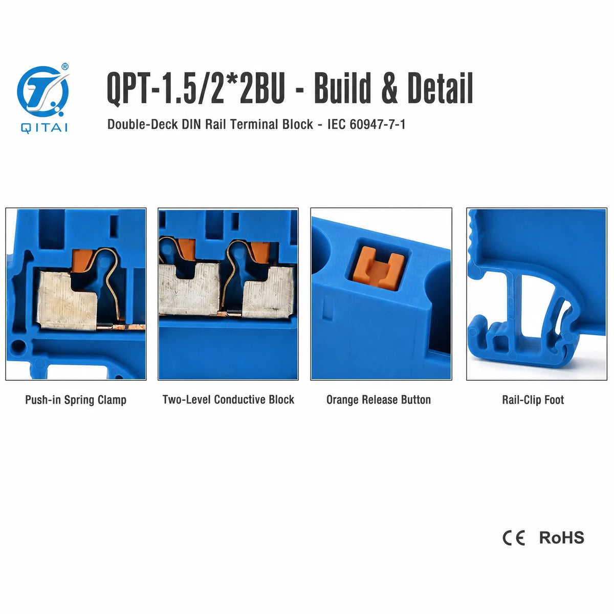 QPT-1.5/2*2BU Blue 4 Contacts Terminal Block 1.5mm2 500V 17.5A Push-in DIN Rail for Marshalling Cabinet Wiring