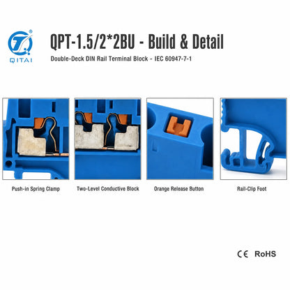 QPT-1.5/2*2BU Blue 4 Contacts Terminal Block 1.5mm2 500V 17.5A Push-in DIN Rail for Marshalling Cabinet Wiring