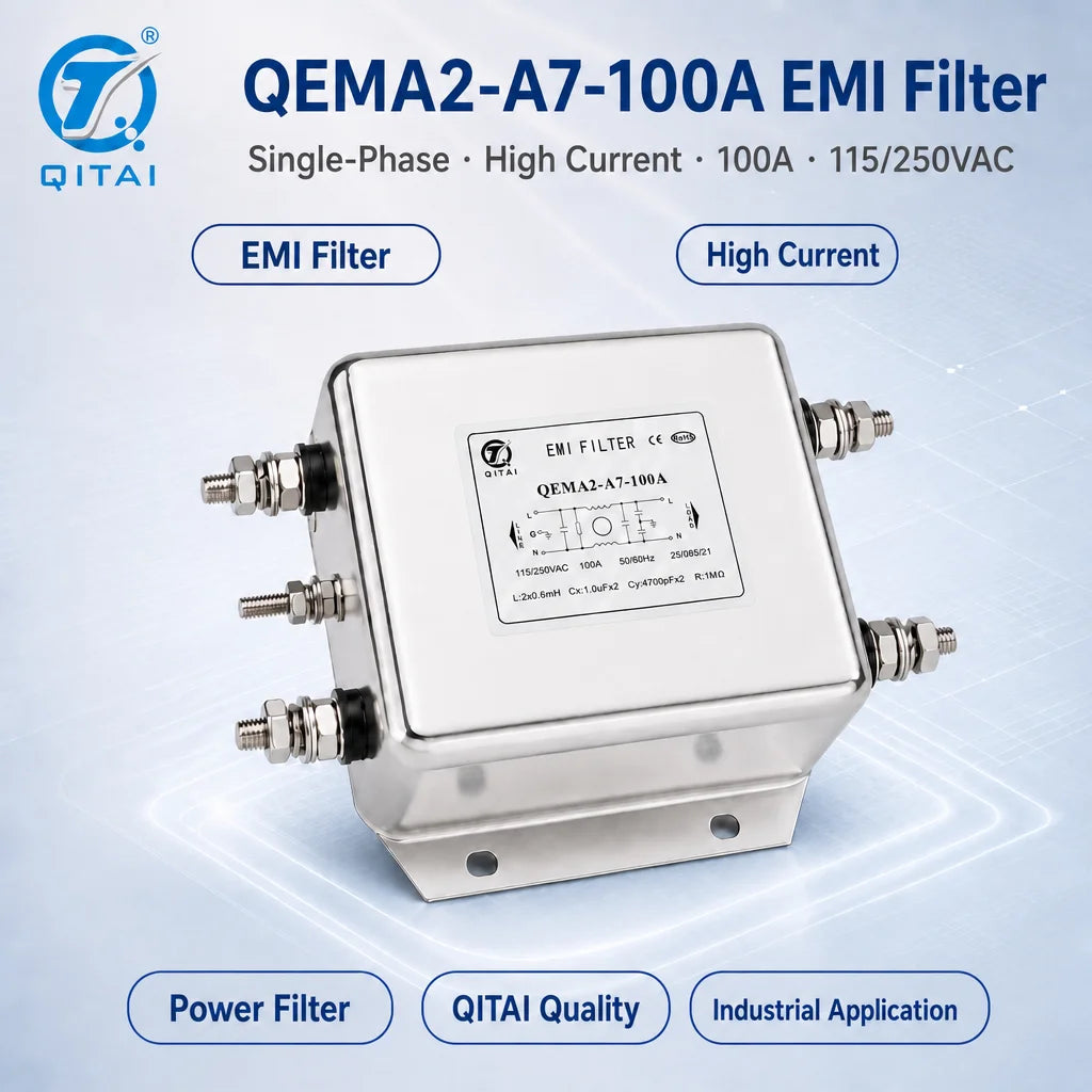 QEMA2-A7-100A AC Power Line Filter 100A 250VAC 136mm Stud Faston Terminal for Industrial Power Distribution