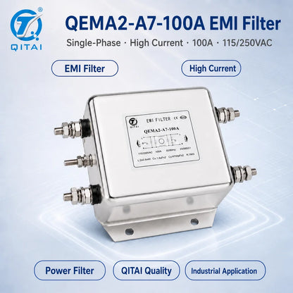 QEMA2-A7-100A AC Power Line Filter 100A 250VAC 136mm Stud Faston Terminal for Industrial Power Distribution