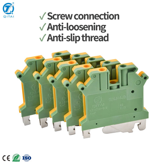 QUKJ JD Series   Ground Yellow Green Terminal Block 4/6/10/16/35mm2 Din Rail Universal Terminals Wiring Electrical Connector