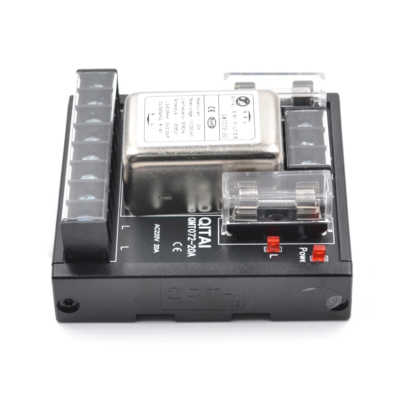 QMT072-10A EMC EMI Filter With Fuse and LED 8-pin 4 Out Terminal Block 10A/2A 220Vac  10A Single Phase Power Filter Din Rail