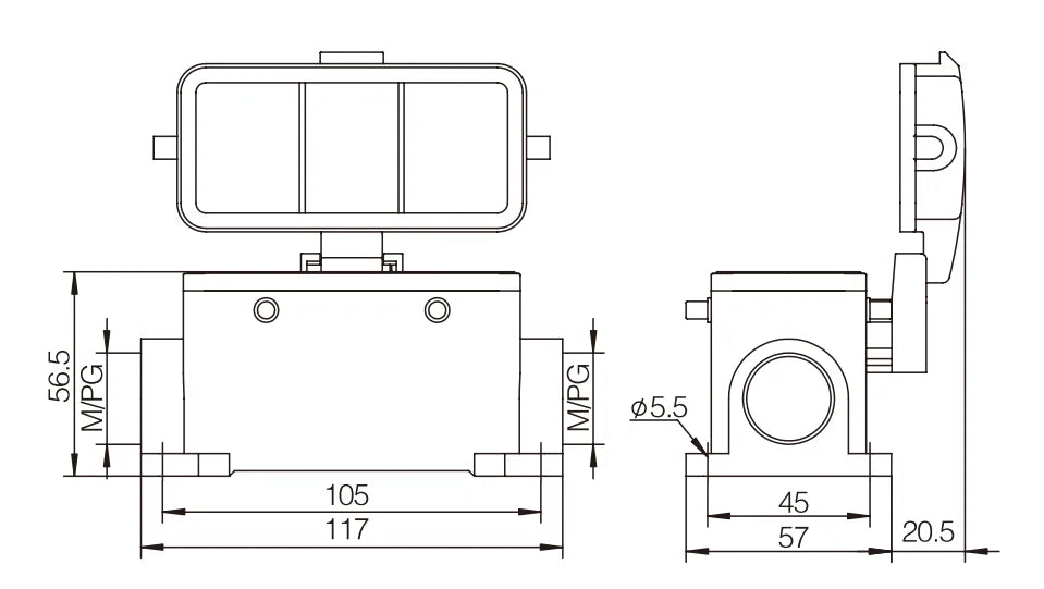 H16B-SG-4B-CV-PG21 Heavy Duty Connector Compact Series Top Entry Protective Hoods Aluminum Housing