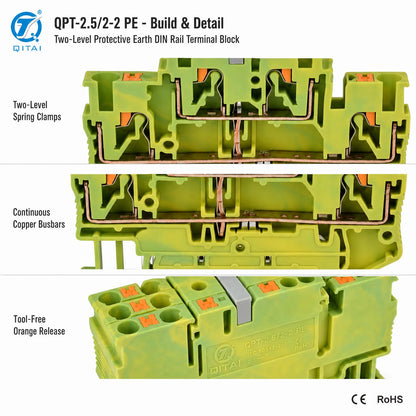 QPT-2.5/2-2PE Double Level Ground Terminal Block 2.5mm2 Push-in Protective Earth 500V 22A for Electrical Panel Wiring