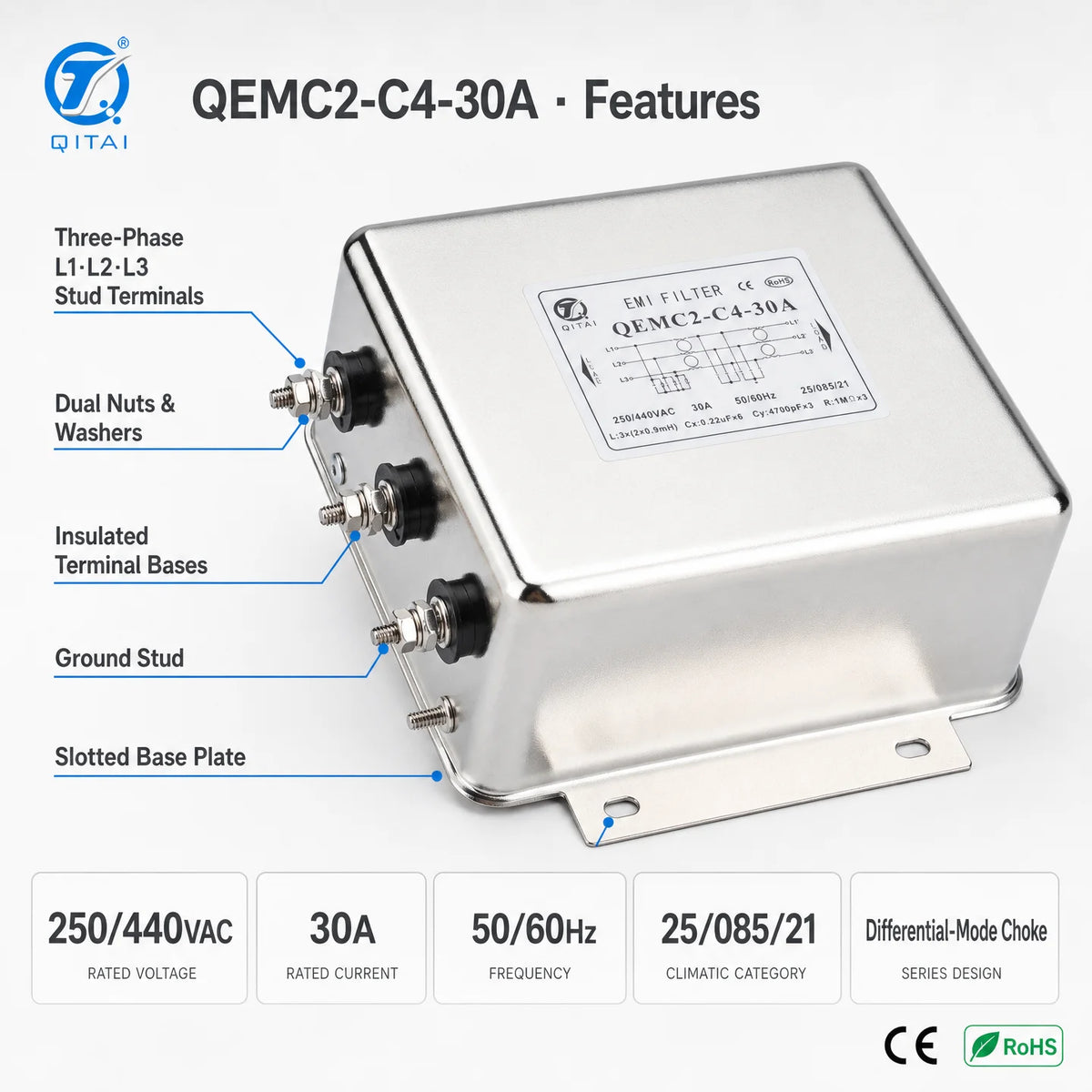 QEMC2-C4-30A Three Phase High Performance EMI Filter Differential Mode Choke 30A 250/440VAC Stud Terminal for CNC Machine Tool