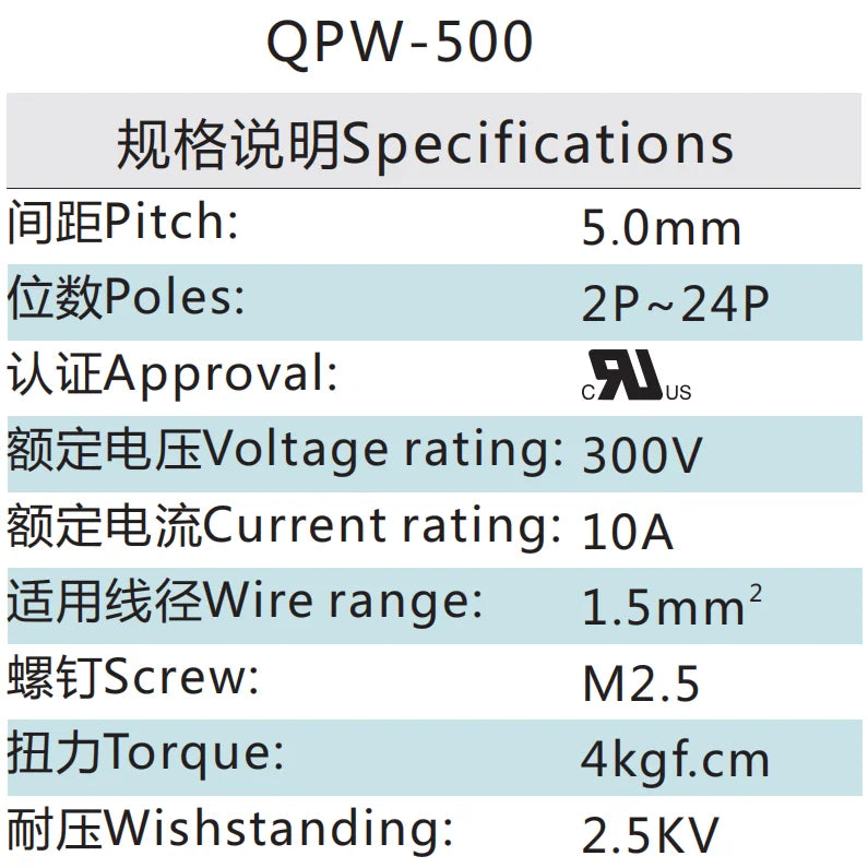 QPW-500 5mm Pitch 2P-24P 300V 10A High Strength Spring Wire Strong Shock Resistance Plug Connector Terminal Blocks PCB
