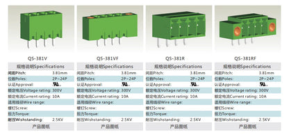 QS-381V PCB Terminal Blocks 3.81mm Pitch 2-24P 300V 10A Green High Strength Screw Connector