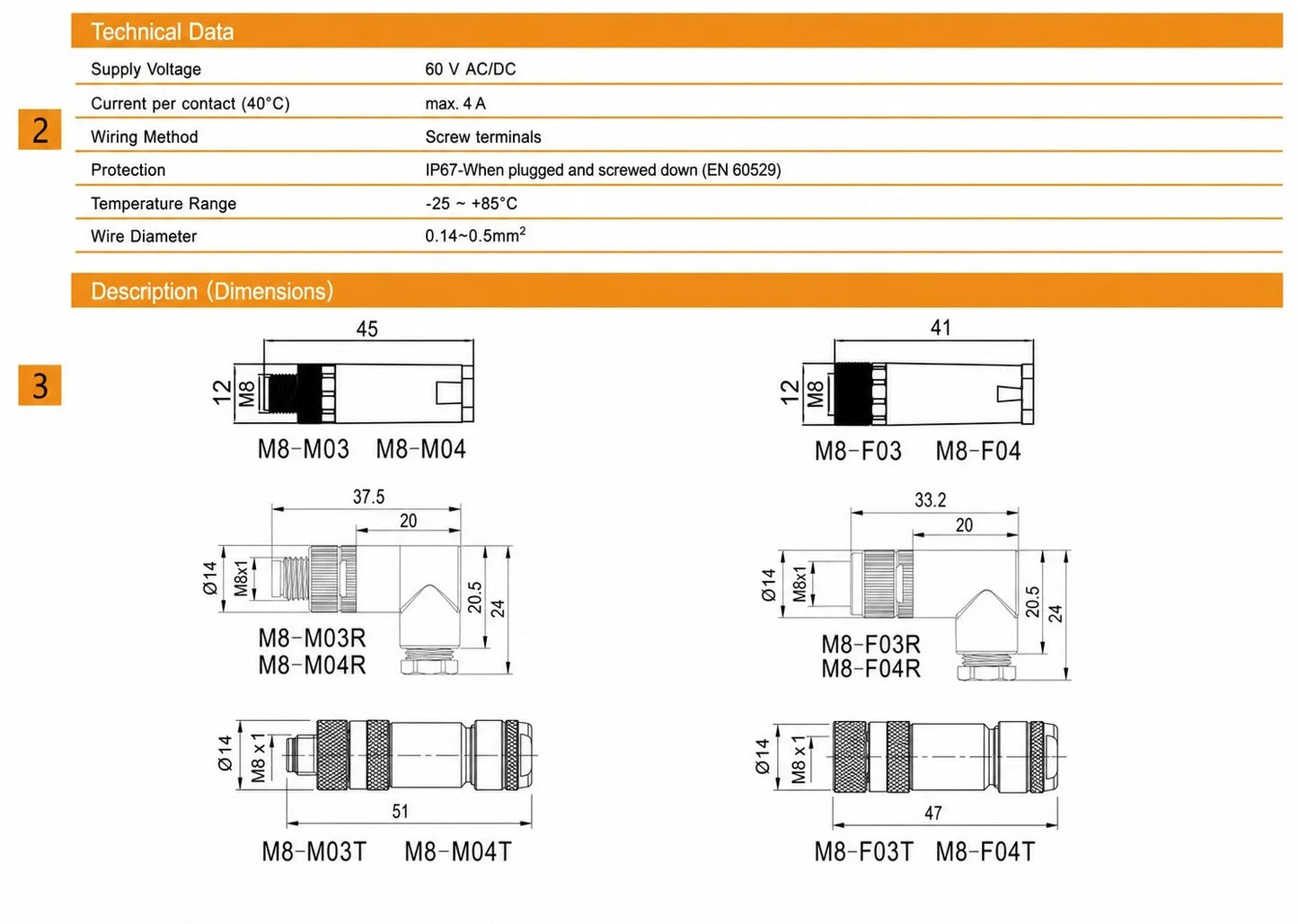 M8 Series 3 4 Pin M8 Circular Connector Male Female Straight Right Angle Screw Terminal IP67 Waterproof 4A 60V Plastic Metal