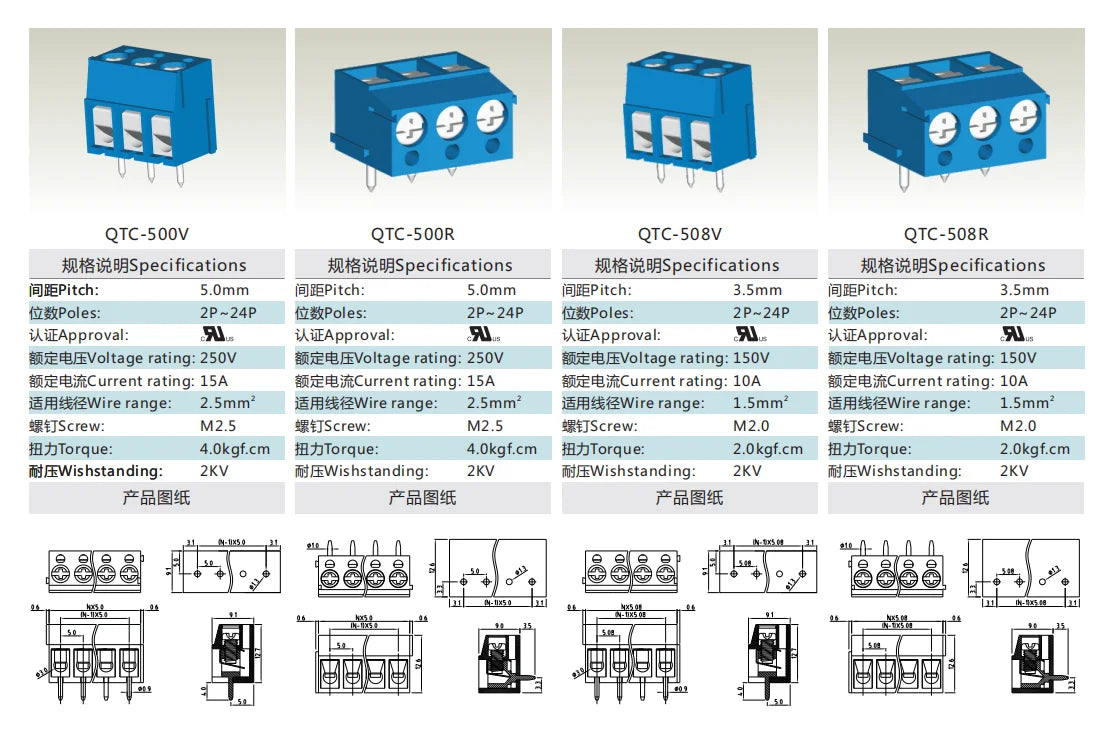 QTB-250V Compression Crimp Screw Terminal Blocks 250V 15A PA66 PCB Connector 5.00mm Pitch 2P-24P