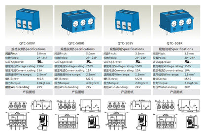 QTB-250V Compression Crimp Screw Terminal Blocks 250V 15A PA66 PCB Connector 5.00mm Pitch 2P-24P
