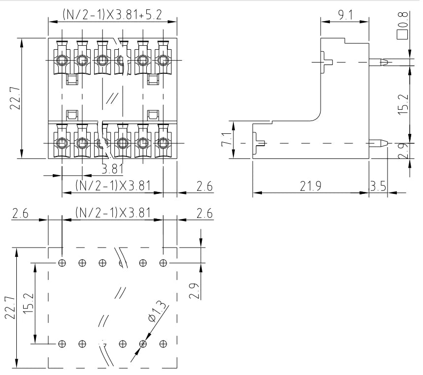 QSDL-381V 3.81mm Double Layer 2P-24P Socket Terminal Block Connector PCB Plug-in Type Green with Flange 10A