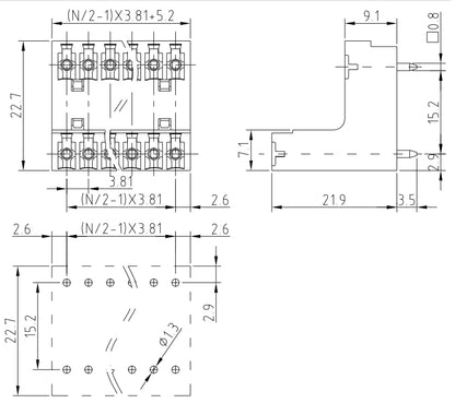 QSDL-381V 3.81mm Double Layer 2P-24P Socket Terminal Block Connector PCB Plug-in Type Green with Flange 10A