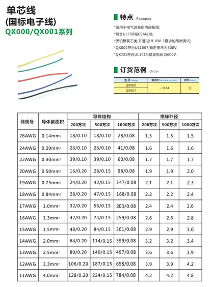 QX000 UL1007 11AWG-26AWG FEP Insulated Tinned Copper Wire Flexible Cable High Temperature Electrical Wires