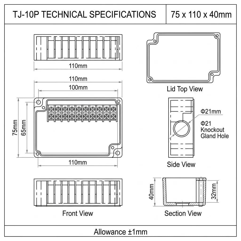 TJ-10P IP66 Waterproof Electrical Junction Box ABS PC PBT Enclosure Cable Connector Outdoor Industrial Terminal Distribution Box